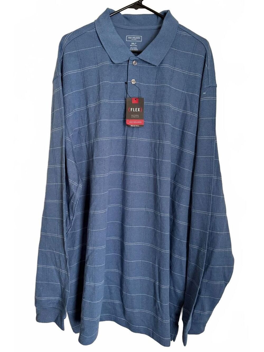 Van Heusen NEW Men's Polo Long Sleeve Shirt Size 3XLT Big and Tall Blue Stripes